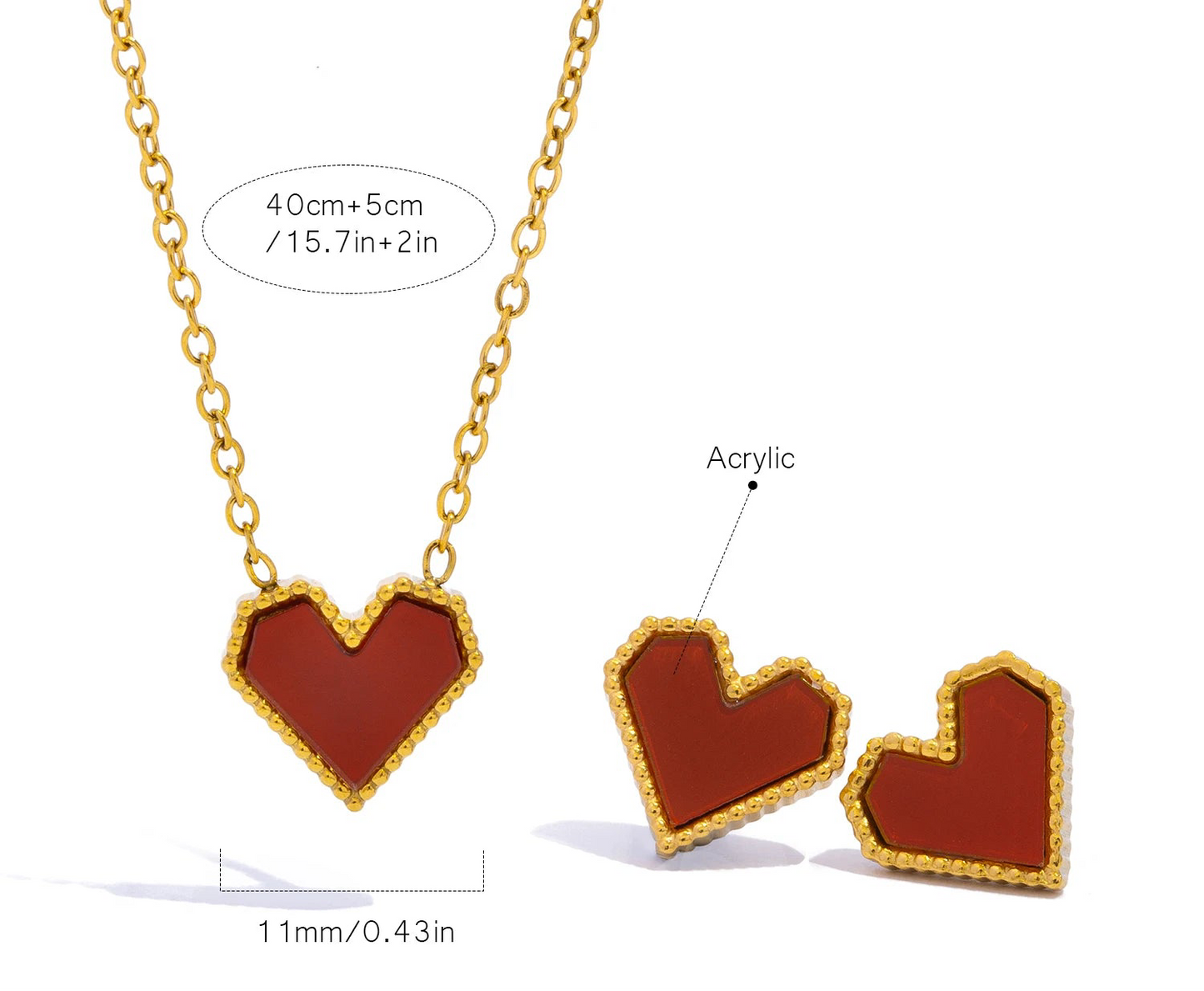 Set minimalista collana e orecchini a cuore rosso