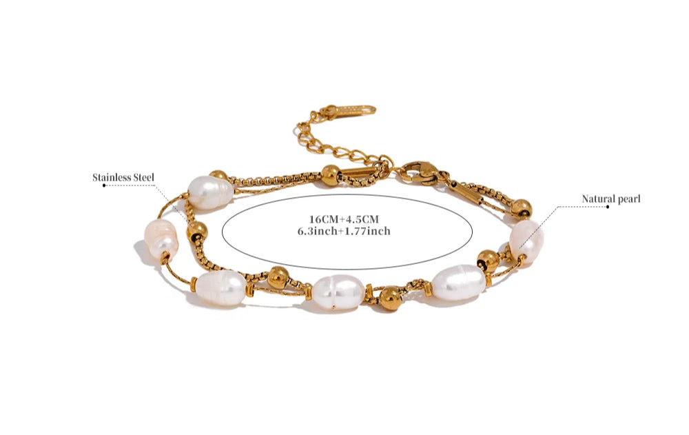 Bracciale doppio strato con perle naturali e ciondoli – Acciaio inox impermeabile