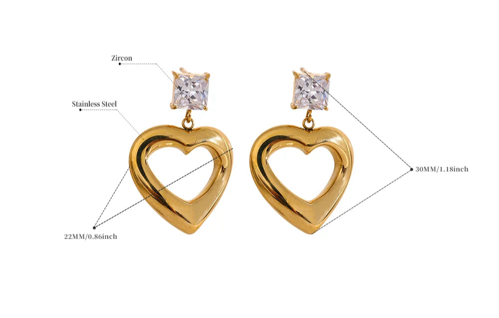 Orecchini Pendenti Cuore con Zirconi – Acciaio Inossidabile Oro o Platino