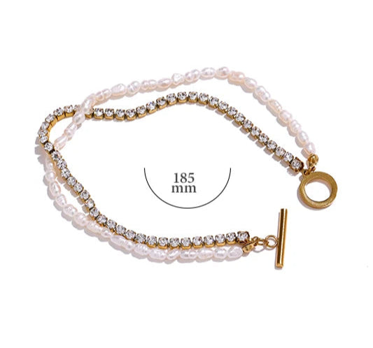 Bracciale con Perle Naturali e Zirconi – Acciaio Inossidabile Dorato a Doppio Strato