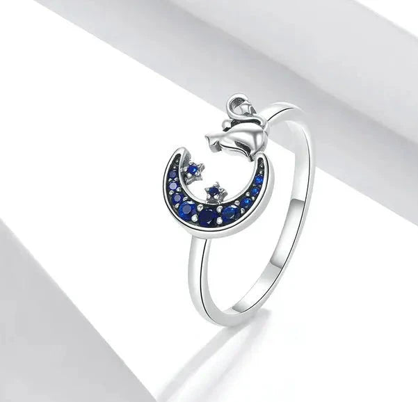 Anello Luna e Gatto con Zirconi Blu