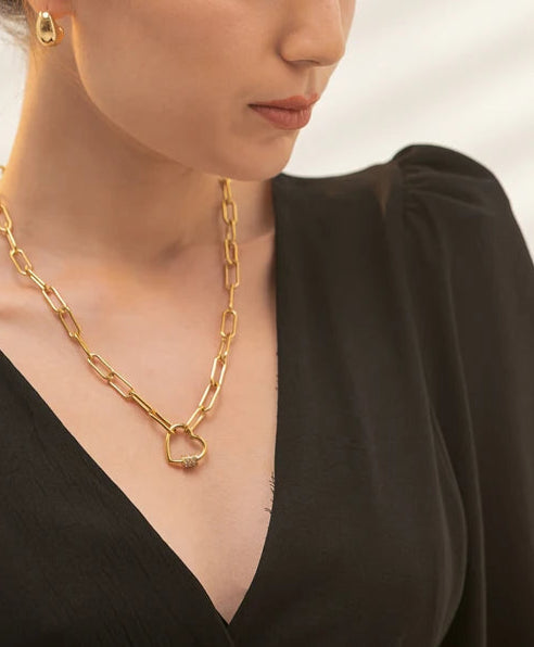 Collana a Catena con Cuore Romantico e Zirconi – Acciaio Inossidabile Oro 14K