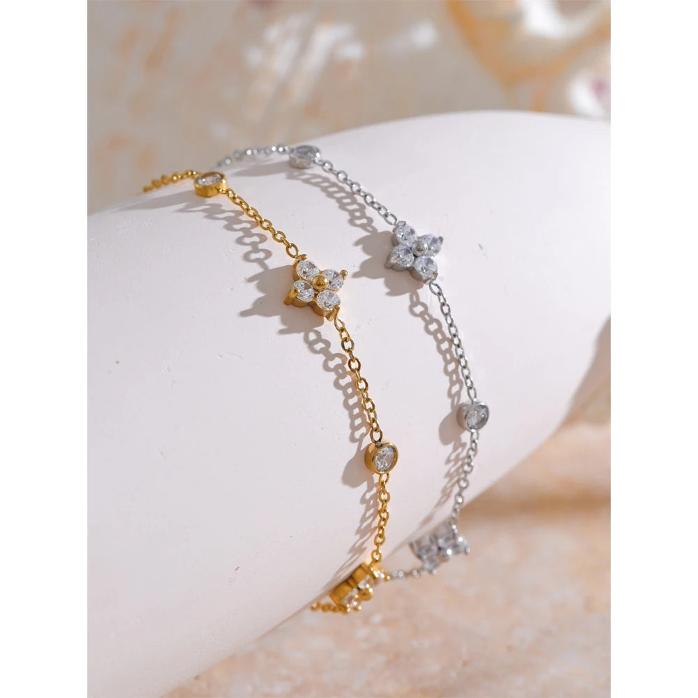 Bracciale floreale con zirconi | Catena sottile in acciaio inox oro o argento