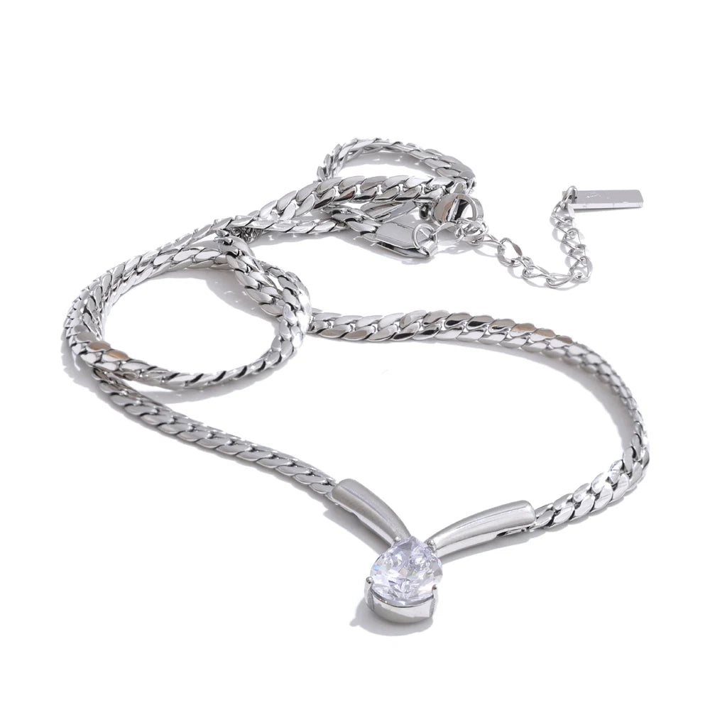 Collana con Pendente a Goccia – Acciaio Inossidabile Placcato Oro 18K o Platino | Zircone Cubico