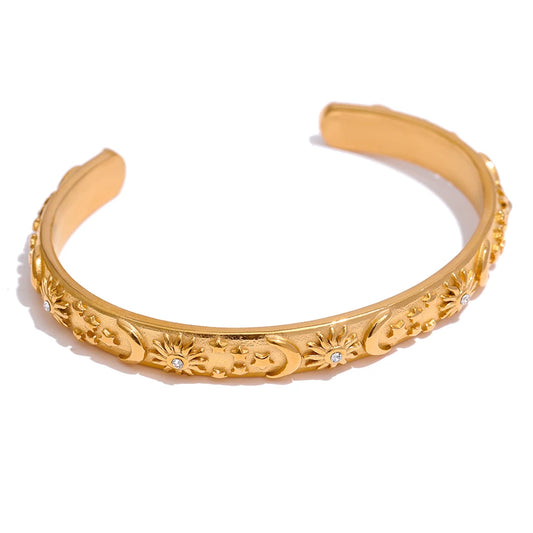 Bracciale rigido dorato con incisioni lunari in acciaio inossidabile