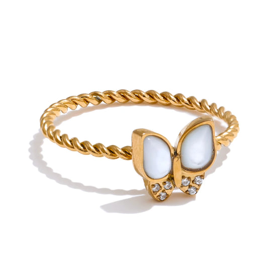 Anello Farfalla di Perla – Eleganza Naturale in Acciaio Oro