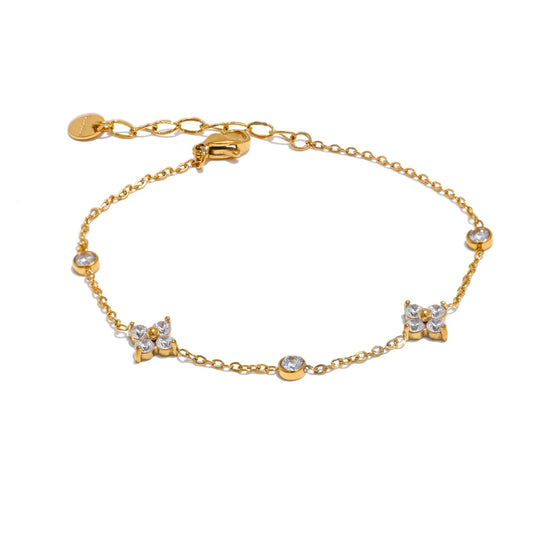 Bracciale floreale con zirconi | Catena sottile in acciaio inox oro o argento