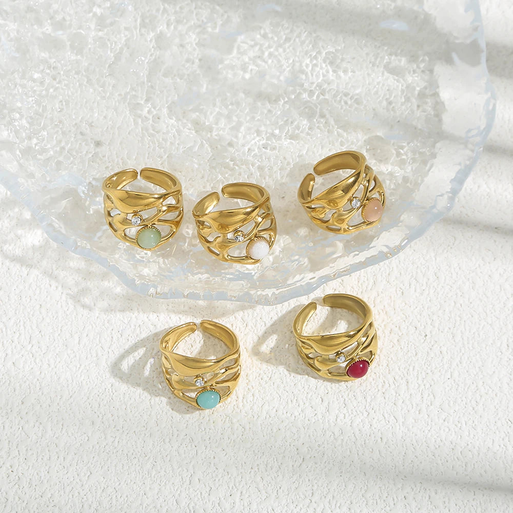 Anello Regolabile con Pietra Naturale – Acciaio Inossidabile Oro