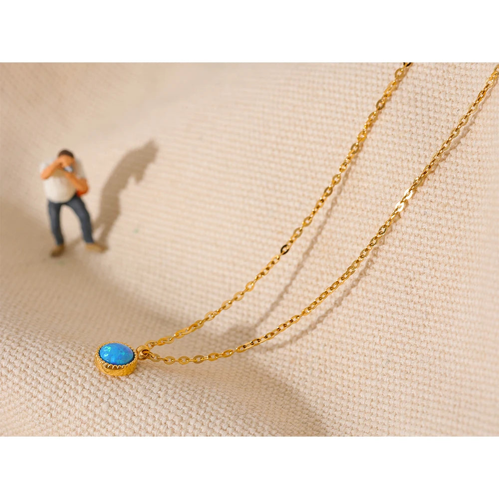 Collana con Pendente in Opale Blu – Acciaio Inossidabile Oro