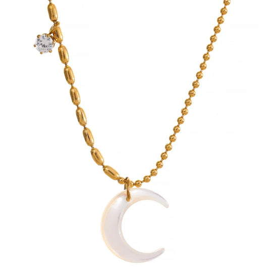 Collana con Luna in Conchiglia Bianca e Zircone – Acciaio Inossidabile Oro