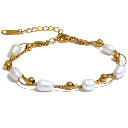 Bracciale doppio strato con perle naturali e ciondoli – Acciaio inox impermeabile