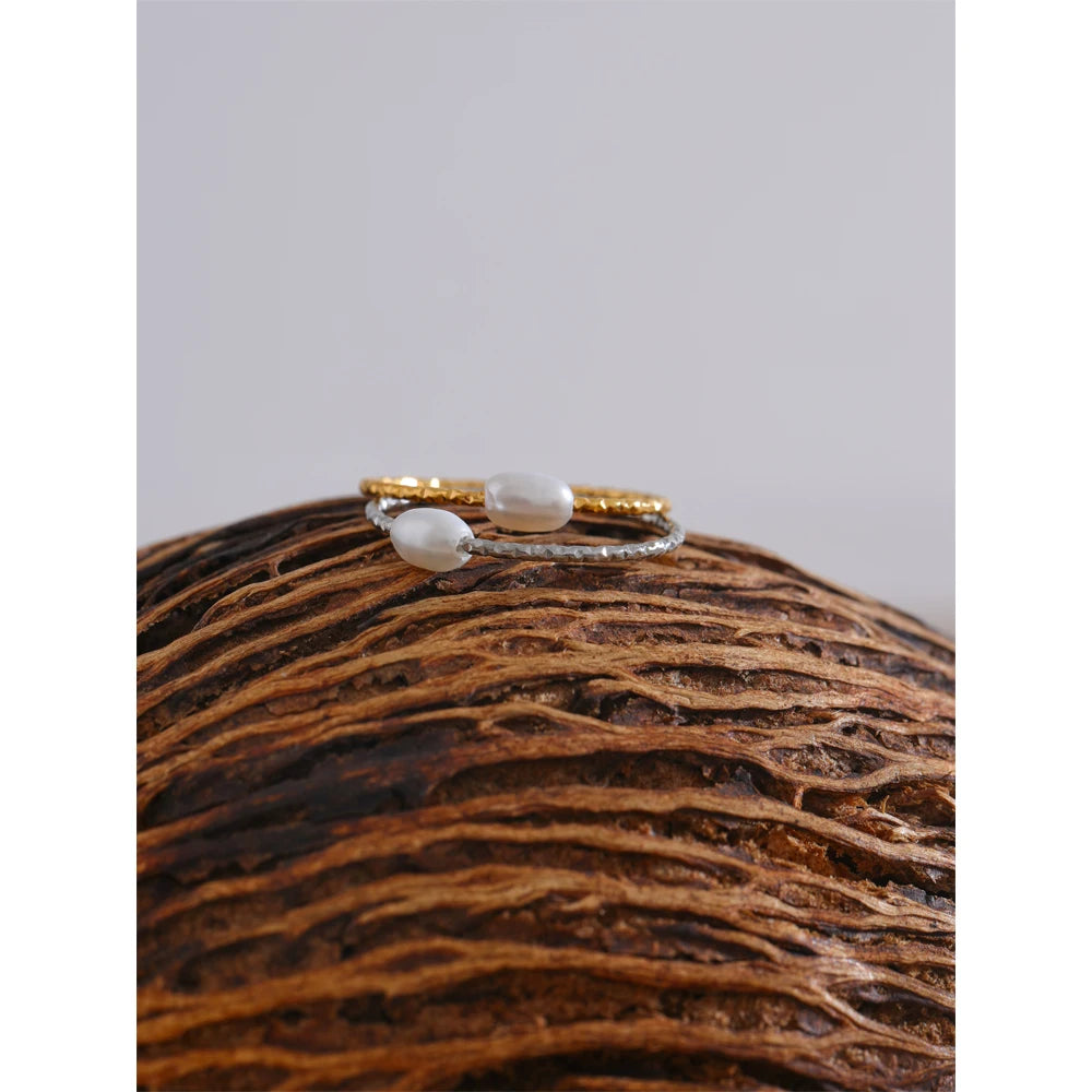 Anello Sottile con Perla Naturale – Acciaio Inossidabile Oro & Argento
