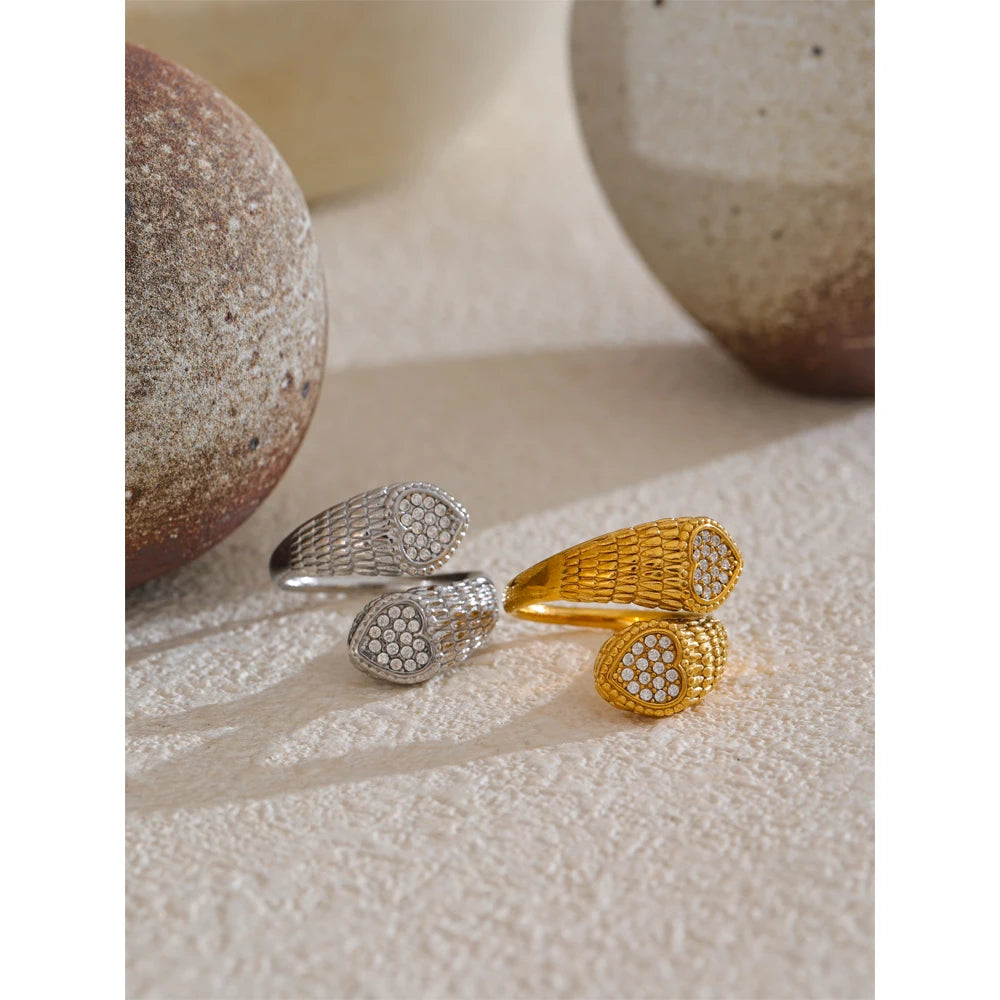 Anello Regolabile con Zirconi – Design Cuore e Serpente in Acciaio Inossidabile Oro o Platino