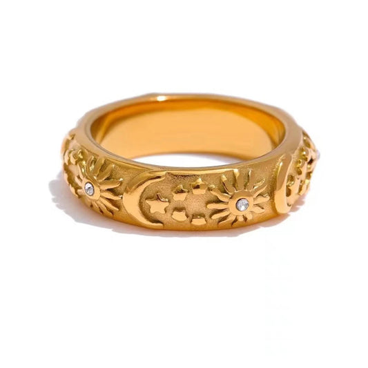 Anello Vintage Placcato Oro 18K β Acciaio Inossidabile con Motivi Sole e Luna