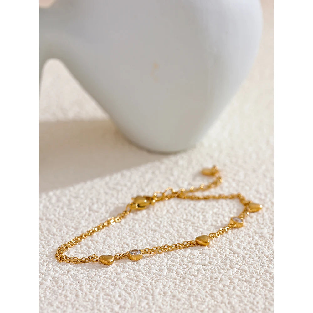 Bracciale Doppio Strato con Cuori e Zirconi – Acciaio Inossidabile Oro o Argento