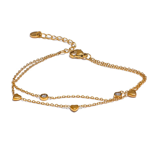 Bracciale Doppio Strato con Cuori e Zirconi – Acciaio Inossidabile Oro o Argento