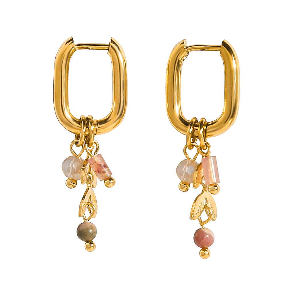 Orecchini a Cerchio Placcati Oro 18K – Acciaio Inossidabile con Ciondolo in Pietra Naturale