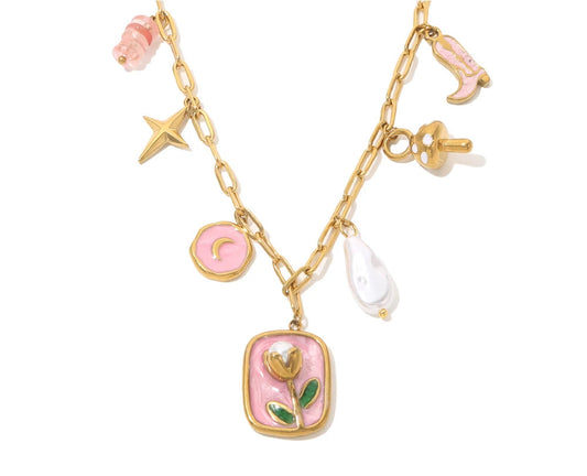 Collana Tulipano Smaltato – 2 varianti rosa o bianco – Acciaio dorato impermeabile