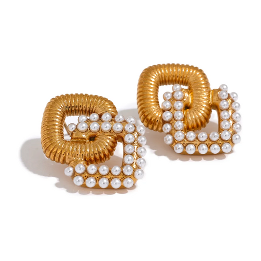 Orecchini Geometrici Vintage Quadrati – Zirconi o Perle, Acciaio Inossidabile Dorato