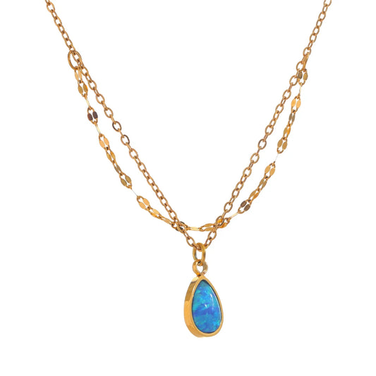 Collana a doppio strato con ciondolo a goccia Opale Blu – Acciaio Inossidabile Oro