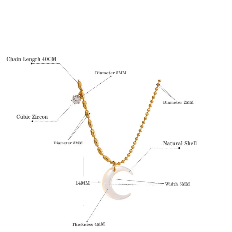 Collana con Luna in Conchiglia Bianca e Zircone – Acciaio Inossidabile Oro
