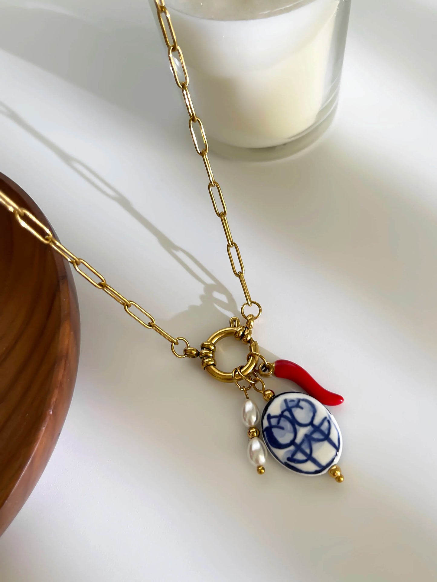Collana Boho con Ciondolo Cuore, Peperoncino e Perla – Acciaio Inossidabile Smaltato