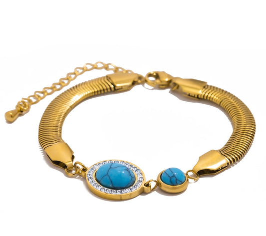 Bracciale Rigido con Zirconi Turchesi – Acciaio Inossidabile con Catena a Serpente Larga,