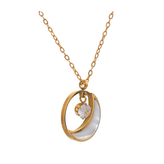 Collana con Luna e Zircone – Acciaio Inossidabile Oro con Conchiglia Naturale