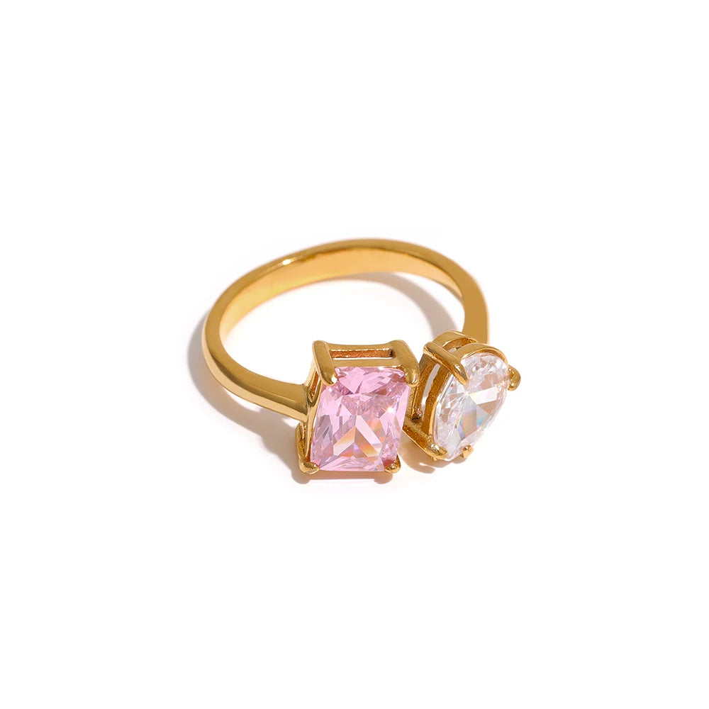 Anello Duo Gemme Colorate – Eleganza Brillante in Acciaio Inossidabile Oro
