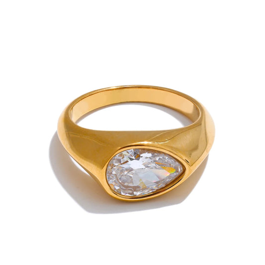 Anello Dorato Geometrico con Zircone a Goccia β Eleganza Raffinata da Donna