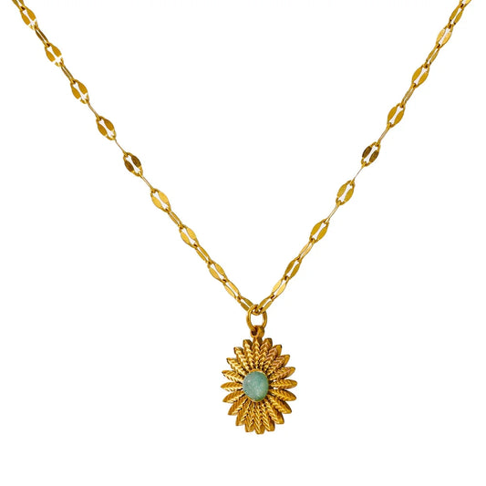Collana con Pendente Fiore Dorato e Pietra Verde – Acciaio Inossidabile