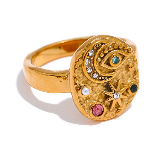 Anello con charm Stella, Luna e Occhio β Zirconi colorati in acciaio inox