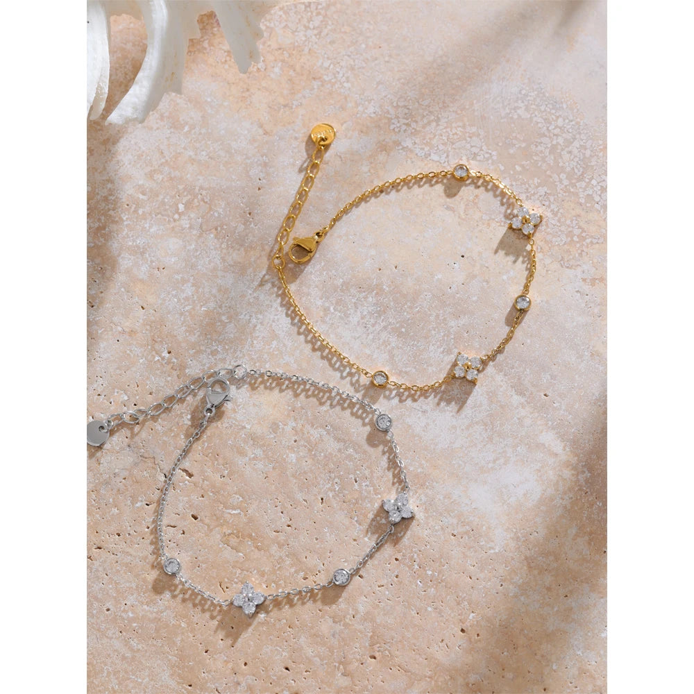 Bracciale floreale con zirconi | Catena sottile in acciaio inox oro o argento