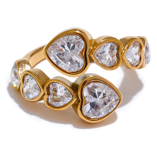 Anello Regolabile Cuori in Zirconia β Acciaio Inossidabile Oro