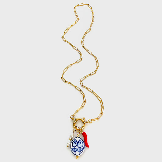 Collana Boho con Ciondolo Cuore, Peperoncino e Perla – Acciaio Inossidabile Smaltato