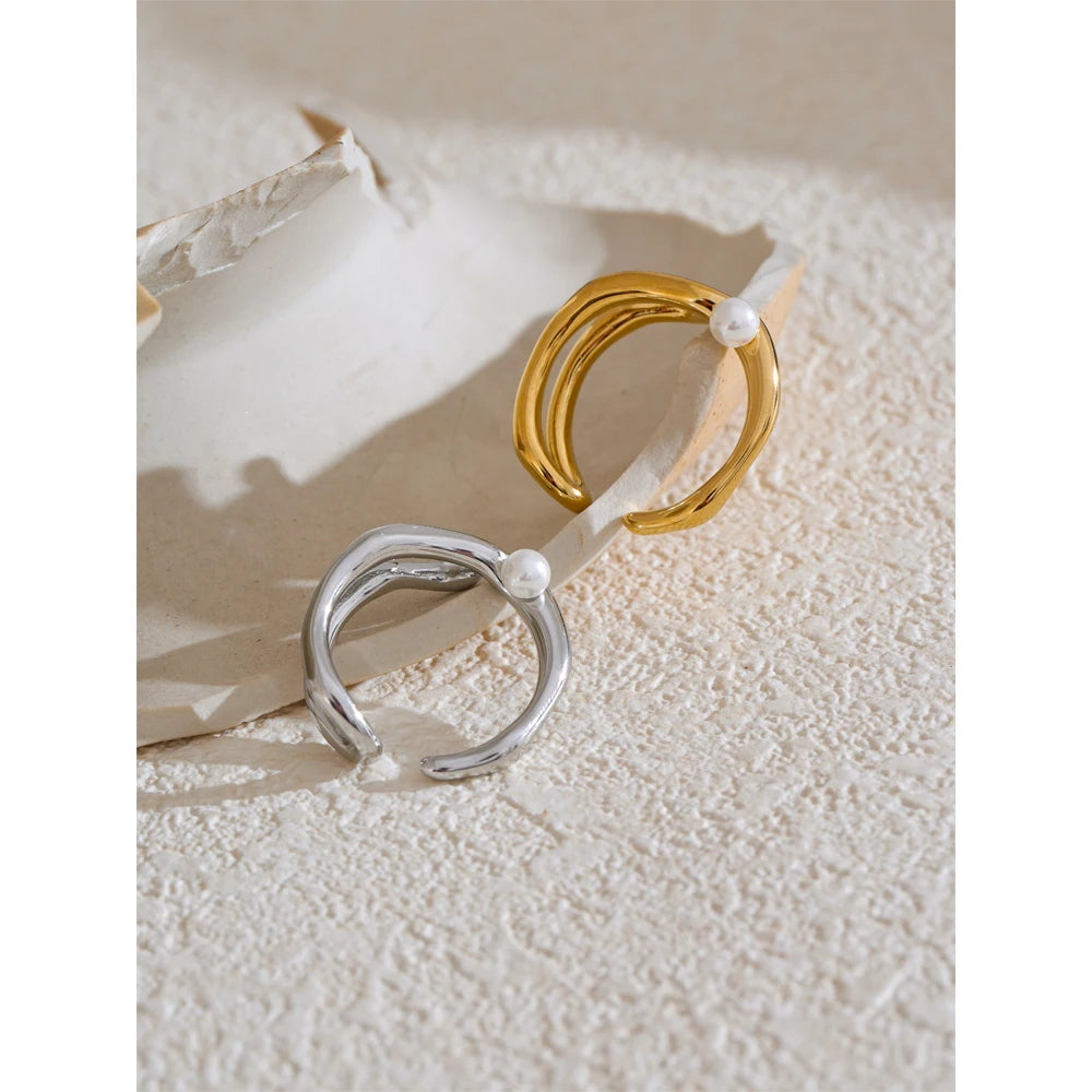 Anello aperto geometrico con perla – Acciaio inossidabile elegante donna