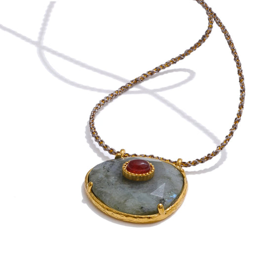 Collana Ovale in Agata Naturale Spettrolite – Ciondolo in Acciaio Inossidabile Dorato Elegante