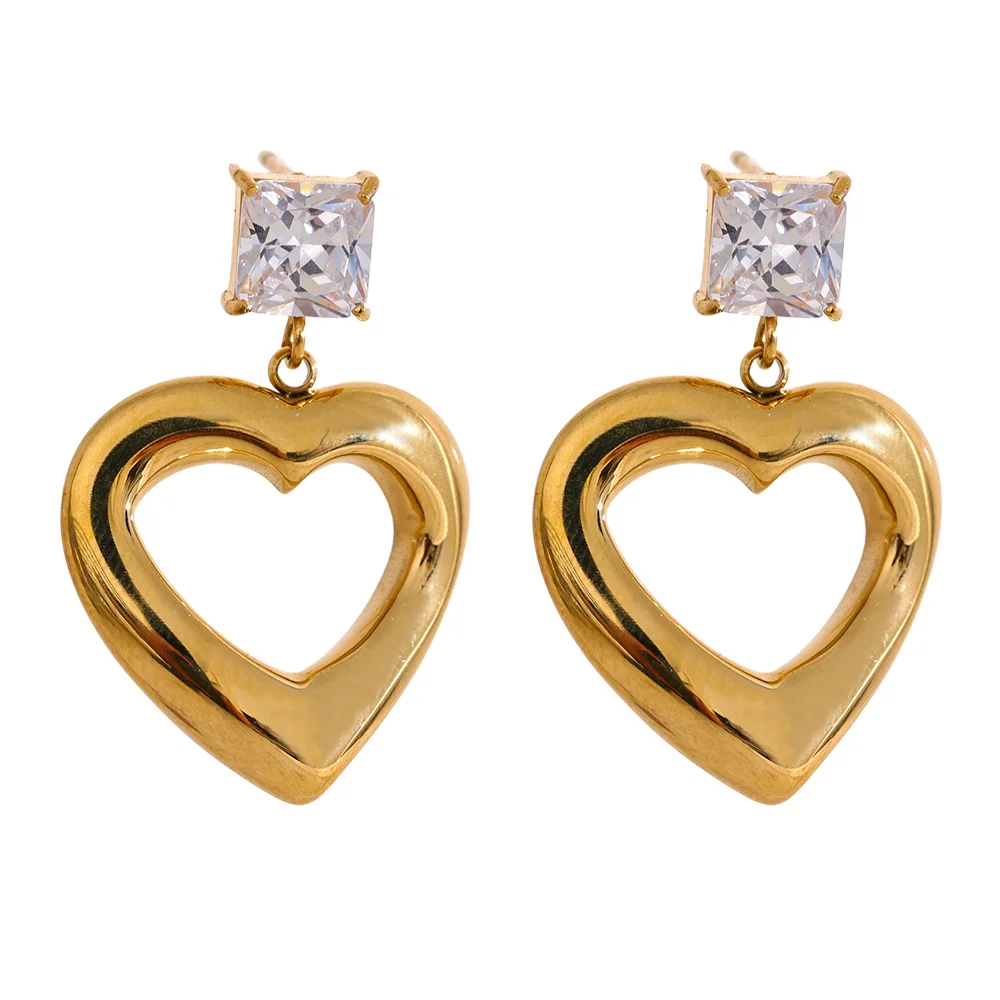 Orecchini Pendenti Cuore con Zirconi – Acciaio Inossidabile Oro o Platino