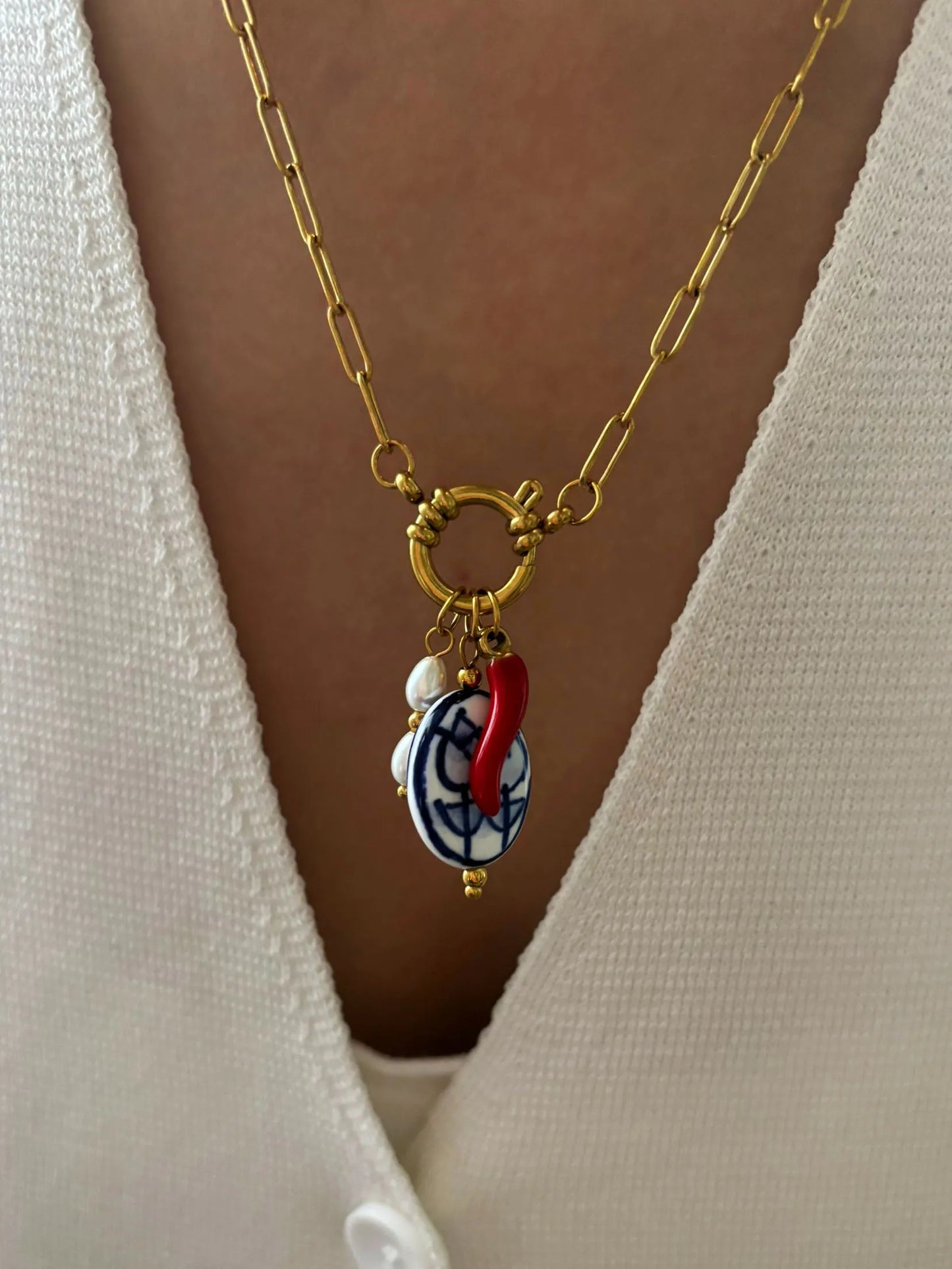 Collana Boho con Ciondolo Cuore, Peperoncino e Perla – Acciaio Inossidabile Smaltato