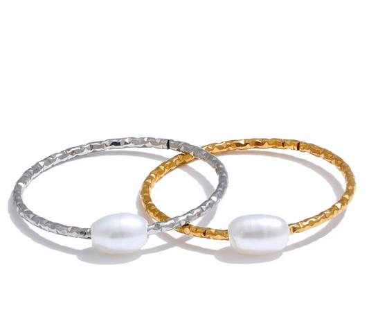 Anello Sottile con Perla Naturale – Acciaio Inossidabile Oro & Argento