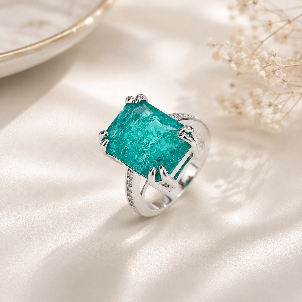 Anello con Moissanite Verde Blu Rettangolare