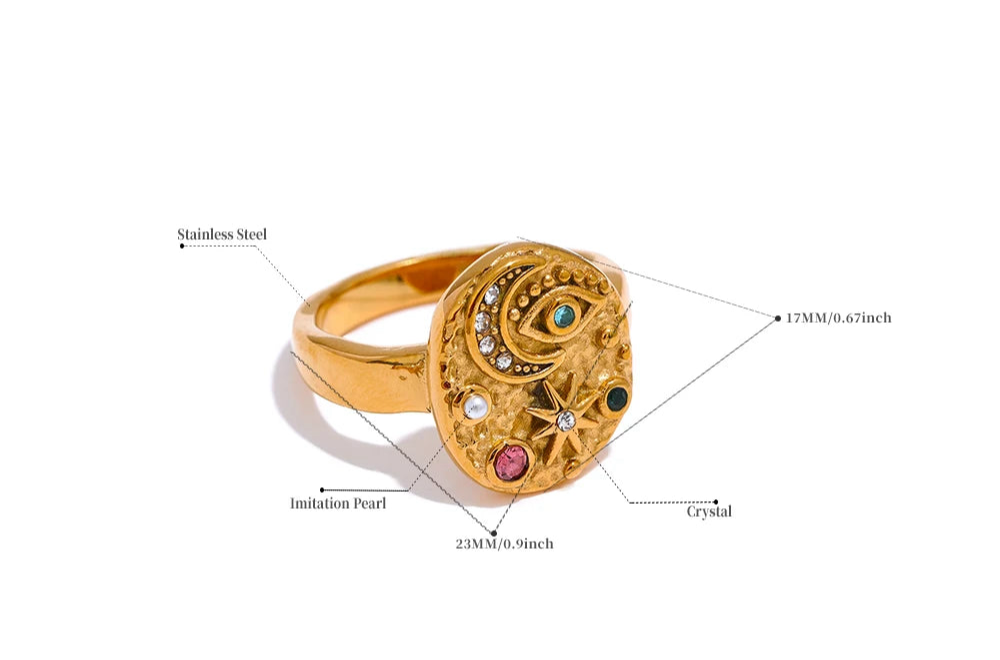 Anello con charm Stella, Luna e Occhio – Zirconi colorati in acciaio inox
