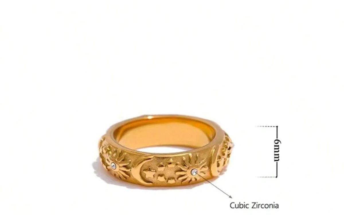 Anello Vintage Placcato Oro 18K – Acciaio Inossidabile con Motivi Sole e Luna