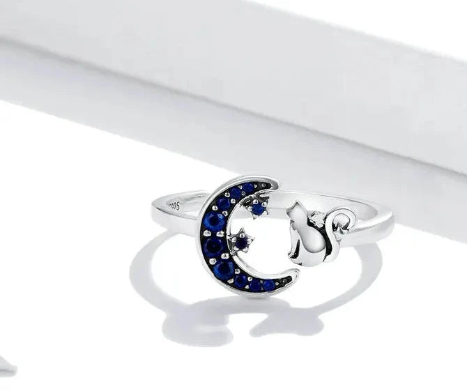 Anello Luna e Gatto con Zirconi Blu