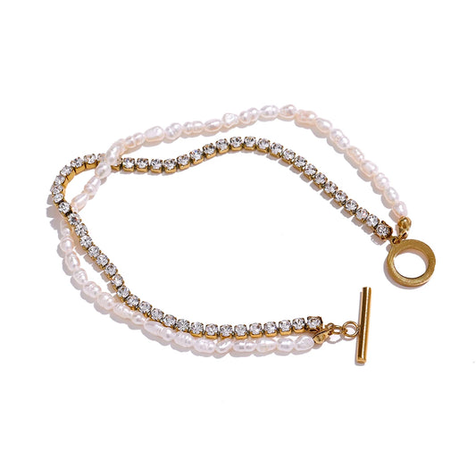 Bracciale con Perle Naturali e Zirconi – Acciaio Inossidabile Dorato a Doppio Strato