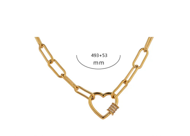 Collana a Catena con Cuore Romantico e Zirconi – Acciaio Inossidabile Oro 14K