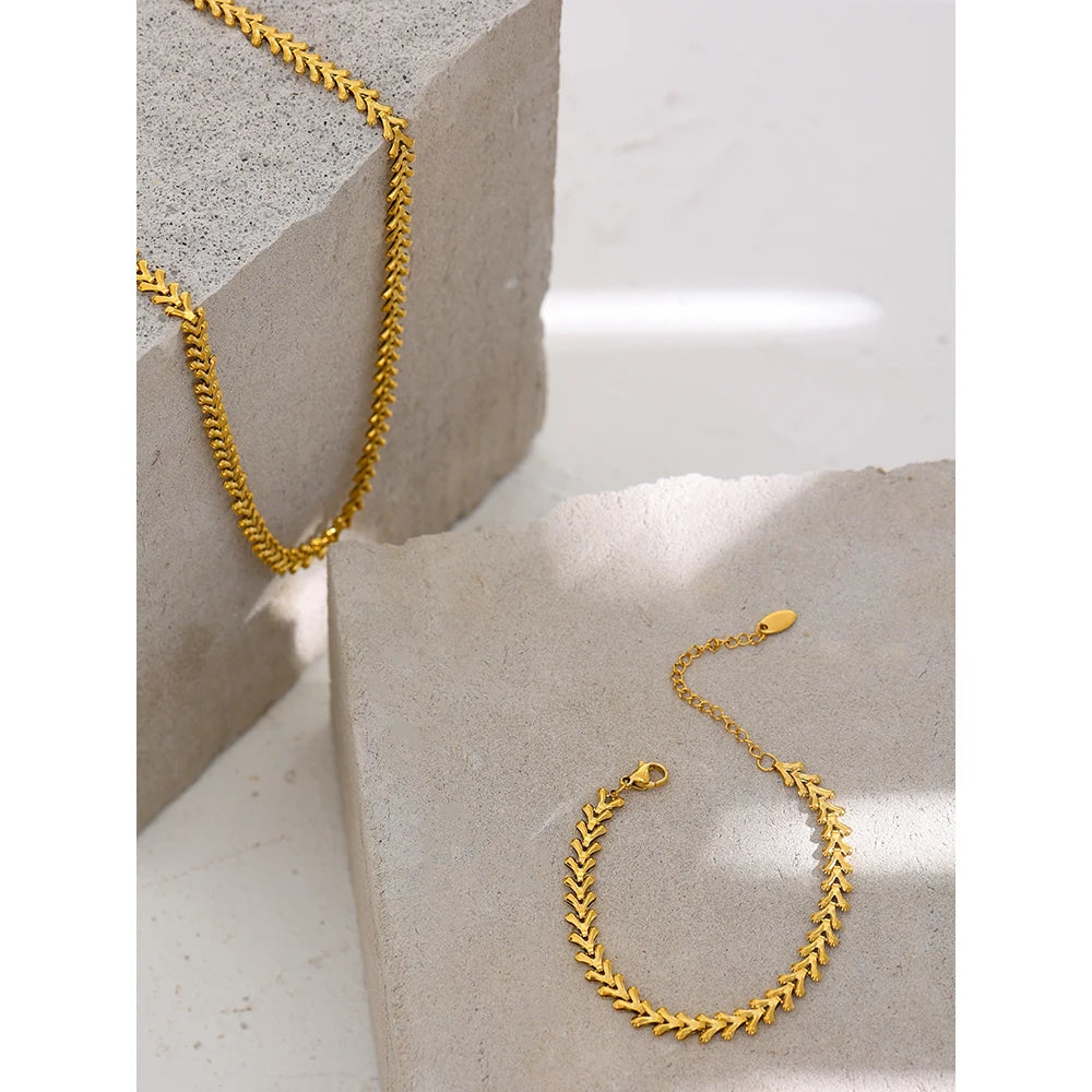 Collana e bracciale con Foglie in Acciaio Inossidabile – Placcata Oro 18K
