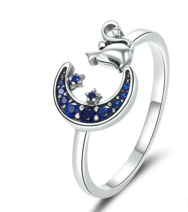 Anello Luna e Gatto con Zirconi Blu
