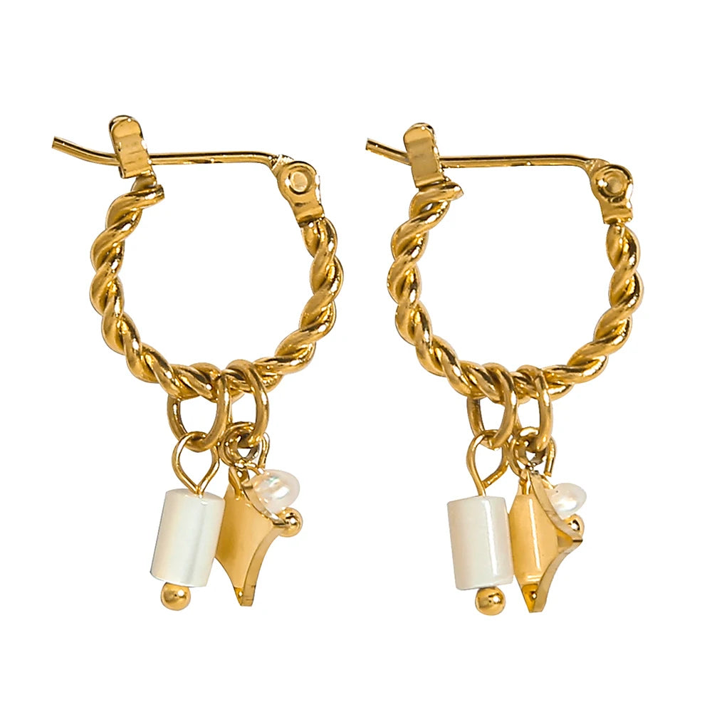 Orecchini a Cerchio Placcati Oro 18K – Acciaio Inossidabile con Ciondolo in Pietra Naturale