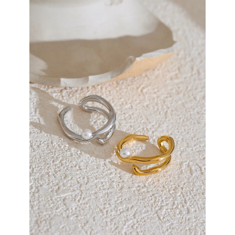 Anello aperto geometrico con perla – Acciaio inossidabile elegante donna